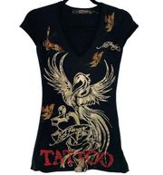 Black with Metallic Phoenix Tattoo Art T-Shirt size Medium