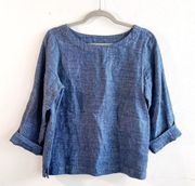 Sigrid Olsen Blouse 100% Linen Blue Chambray Pullover Boatneck Top Sz S EUC