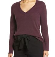 100% Cashmere Sweater LARGE V-Neck Burgundy Purple Knit Relaxed Modern