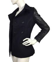 All Saints Zaskia Pea Coat Navy Wool Black Leather
Sleeves Double Breasted