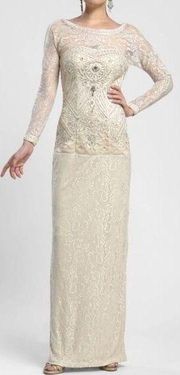 Sue Wong Nocturne Illusion Soutache Embellished Long Sleeve Cream Formal Dress 2