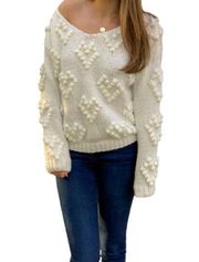 Chicwish  Pom Pom Heart Wool Blend Pullover V-neck Boho Indie Sweater Cream