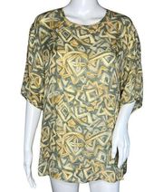 Doncaster Shirt Womens XL Blue Tan Silk Geometric Casual Granny Grandmacore