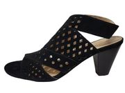 Adrienne Vittadini Fine Leather Laser Cut Black Ankle Strap Block Heels size 8