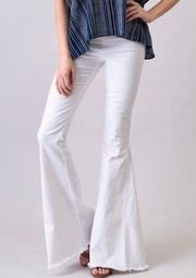 NEWBURY KUSTOM White Denim Raw Hem High Rise Wide Leg Flare Pull On Jeans Size L