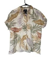 Tahari Cream Multi-color Linen Short Sleeve Leaf Button Down Blouse Women Sz M