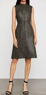 BCBG Max Azria Allexandria Faux Leather Dress Olive Army Green A-Line Edgy Midi