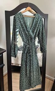 NWOT Angashion Dress L/S Wrap V Neck Ruffle Floral Printed Midi Dress W/ Belt M