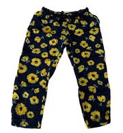 ZARA  Pants Womens Small Blue Yellow Floral Print Stretch Waist Ankle Flowy Tie