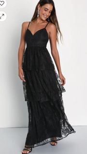  Black Lace V-Neck Sleeveless Tiered Maxi Dress