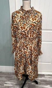 Roolee gold and deep blue floral tie neck high low midi dress size large