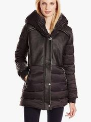 Sam Edelman Puffer Coat Black Faux Leather Jacket Sherpa Lined Size Medium