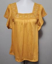 New York Laundry Yellow Crochet Square Neck Crinkle Knit Top Size Medium