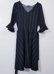 Leota New York Striped Fit and Flare Belted Dress Bell Sleeves