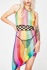 Rainbow Halter Midi Fishnet Dress rave festival wear