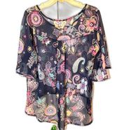 Sheer Chiffon Floral Boho Print Flutter Sleeve Hi-Low Blouse szM-L