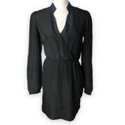 DGNY Black Satin Faux Wrap High Collar Long Sleeve Mini Dress