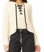 Marled Reunited Lace Up V-Neck Sweater Beige Black M