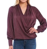 Satin Drape Neckline Billowy Sleeves Front Elastic Hem  Blouse S