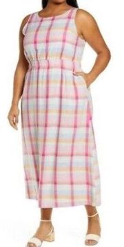 Nordstrom Linen Sleeveless Tie Back Plaid Midi Dress Size 3X NWOT