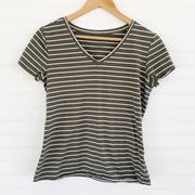 Simply Styled Green White Striped V-Neck Tee Size M