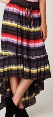 Free People Black Rainbow Stripe High Low Crinkle Pleat Midi Skirt Boho Small