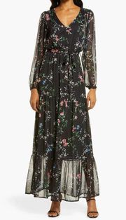 Chelsea 28 Dress Womens Small Black Long Sheer Sleeve V-neck Floral Chiffon Maxi