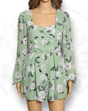 Miami Floral Print Long Sleeve Chiffon Romper Light Green Wide Leg Size XS