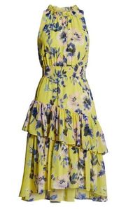 | Floral Asymmetric Tiered Dress -Yellow