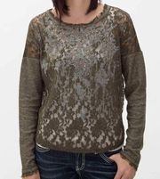 MISS ME Lace Front Sweatshirt Olive Green Pullover Mixed Media Material Crewneck