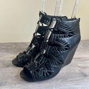 Metaphor Black Lace-Up Wedge Open Peep Toe Bootie Heels Sandal - Size 8.5