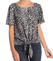 NEW NWT SOCIALITE Tie Blouse Leopard Cheetah Animal Black Gray Short Sleeve Top