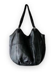 The Sak Indio Black Leather Slouchy Hobo Braided Handles Boho Beachy Large Bag