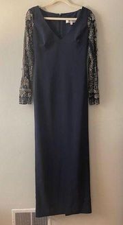 Badgley Mischka Evening Gown Navy Blue Silver Accents Mesh Sleeves V-Neck Size 4