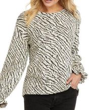 SHARAGANO Zebra Print Hacci Blouse Cream Off White Black Animal Long Sleeve Top