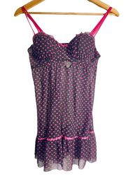 Per Lei Vintage Y2K Heart Print Black Pink Sheer Lingerie Babydoll Teddy Dress S