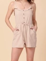 Tan Cotton Button Down Ruffle Detailed Romper