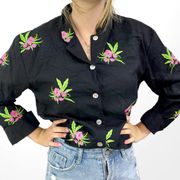 00s COLDWATER CREEK Vintage Black Pink Floral Embroidered Button Up