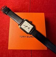 TORY BURCH Robinson Womens Gold Watch White Rectangular Dial Black Leather Band