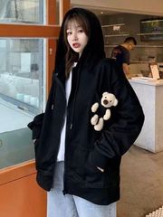 Boutique Bear hoodie plush black streetwear cute pocket cartoon women’s NWT