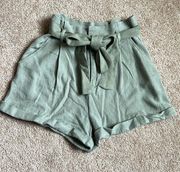 Forever 21 Sage Green High Rise Pleated Linen Blend Shorts