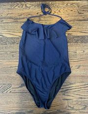 J.Crew  Womens Navy Blue One Piece Ruffle Swim Suit NEW Size 14 Halter Low Back