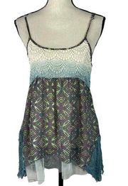 Gimmicks by BKE Small Boho Tank Top Abstract Crochet Accents Semi-Sheer Multi