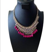 New Thalia Sodi Gold Tone Hot Pink Bead Multicolored Bib Statement Necklace 19”