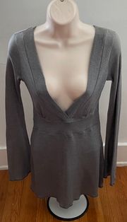 Gray Sequins Deep V-neck Bell Sleeve Holiday Mini Dress, one size