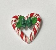 Hallmark Cards 1987 80’s Christmas Candy Cane Heart With Holly Brooch Pin