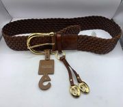 NWT MICHAEL Michael Kors Braided Leather Belt S Brown Woven Wide Gold length35’