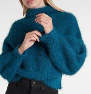 Fuzzy Chenille  Mock Neck Crystal Teal Cropped Sweater Size L