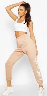 Boohoo Tan Stone C'est La Vie Slogan Verbiage Joggers Stretch Pants Sz 12 Large