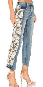 NWOT CURRENT/ELLIOTT Raw Hem Straight Leg Floral Detail Jeans